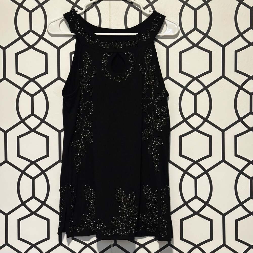 Lauren Michelle Black Sleeveless Keyhole Blouse Beaded Floral Appliqué Medium